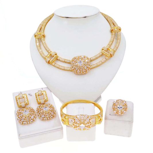 Fashion 18K 24K Gold Plated Wholesale Diamond Jewelry Set Women Cute Gift Party Wedding Western Wedding Copper Zircon Jewels