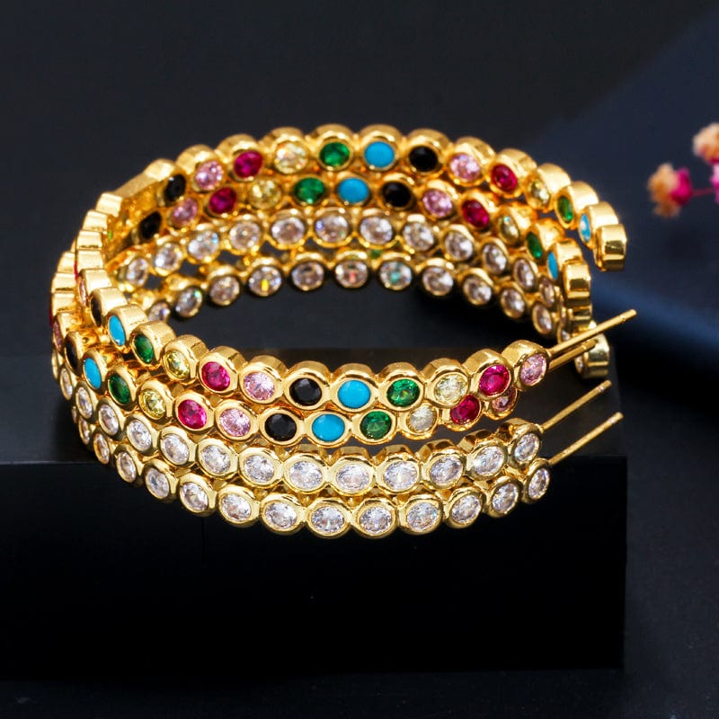 Fashion 18k Gold Plated Cubic Zirconia Stone Bezel Setting Big Size Round Circle Hoop Earrings for Women Party Memorial Day Gift