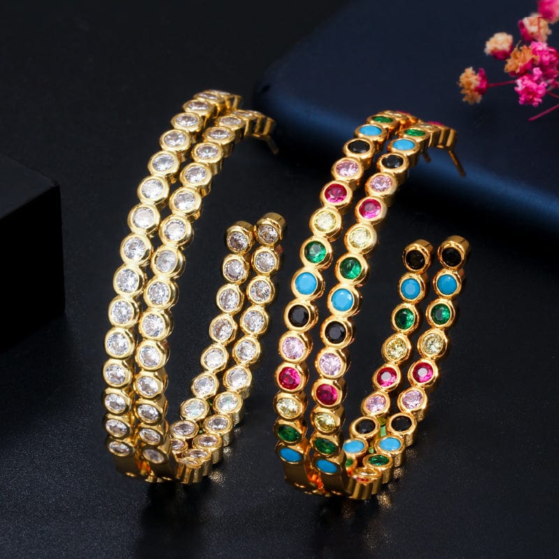 Fashion 18k Gold Plated Cubic Zirconia Stone Bezel Setting Big Size Round Circle Hoop Earrings for Women Party Memorial Day Gift