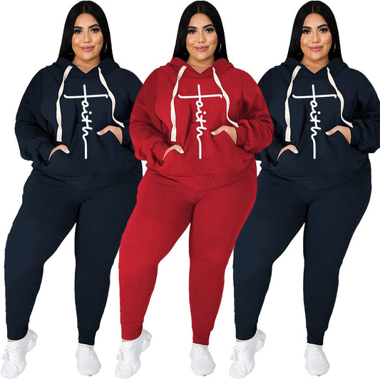 Fashion 5Xl Plus Size Faith Set 2 Piece Casual Hoodie Sweatshirt And Joggers Fall Outfits 2022 Women Clothing