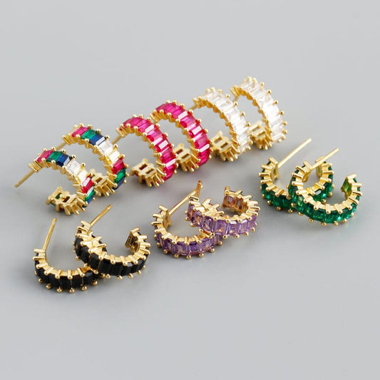Fashion 925 Silver Gold Vermeil Letter C-shape Colored Square Cubic Zirconia Rainbow Huggie Hoop Earrings for Girl