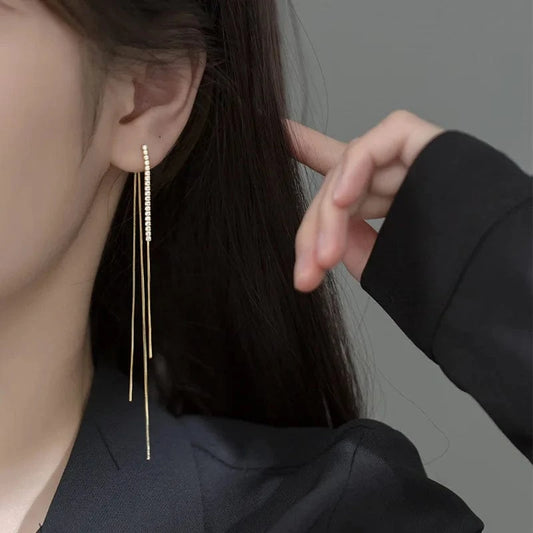 fashion 925 sterling silver long earrings row full diamond zircon snake chain tassel rear mounted gold plated stud earrings wome