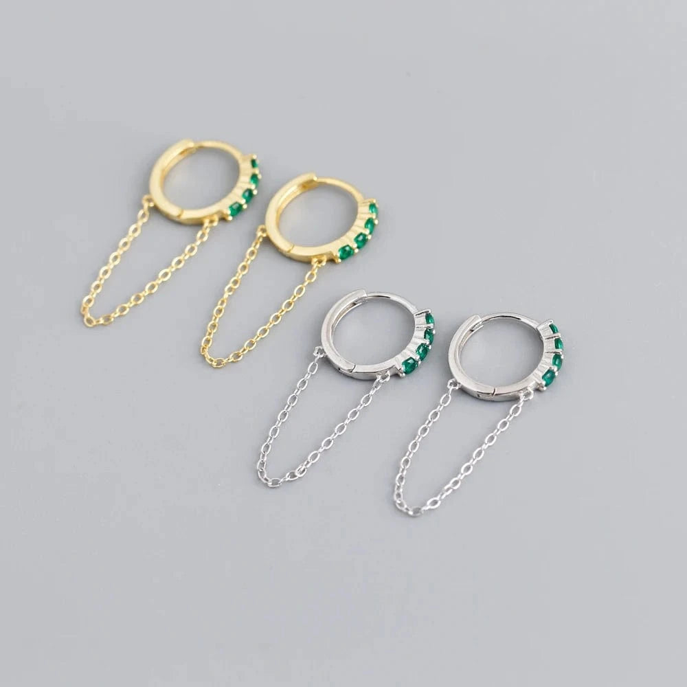 fashion 925 sterling silver tassel round black green stone hoop earrings for women gold plated silver jewelry