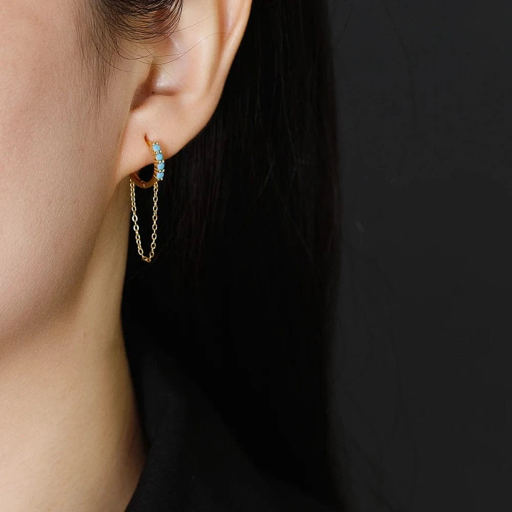 fashion 925 sterling silver tassel round black green stone hoop earrings for women gold plated silver jewelry
