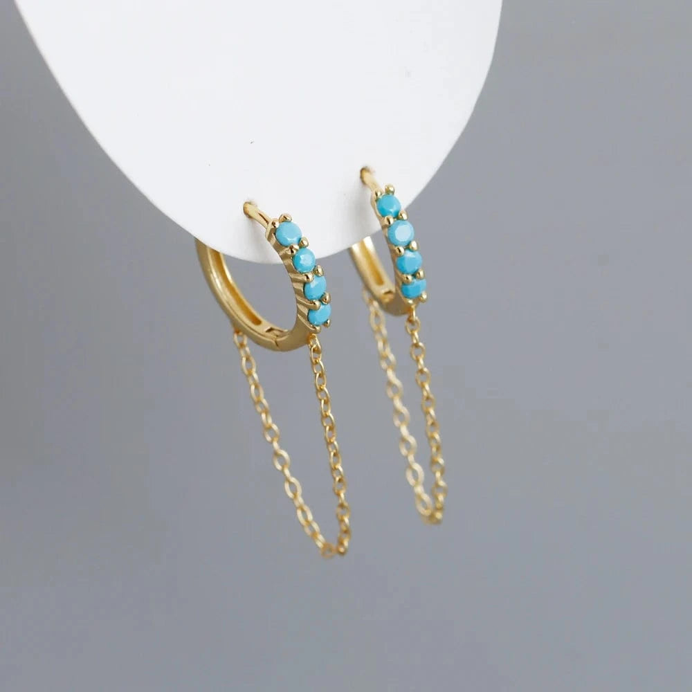 fashion 925 sterling silver tassel round black green stone hoop earrings for women gold plated silver jewelry