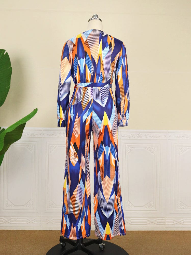 Fashion Autumn Elegant V Neck Loose Print Sashes Casual Women Jumpsuit