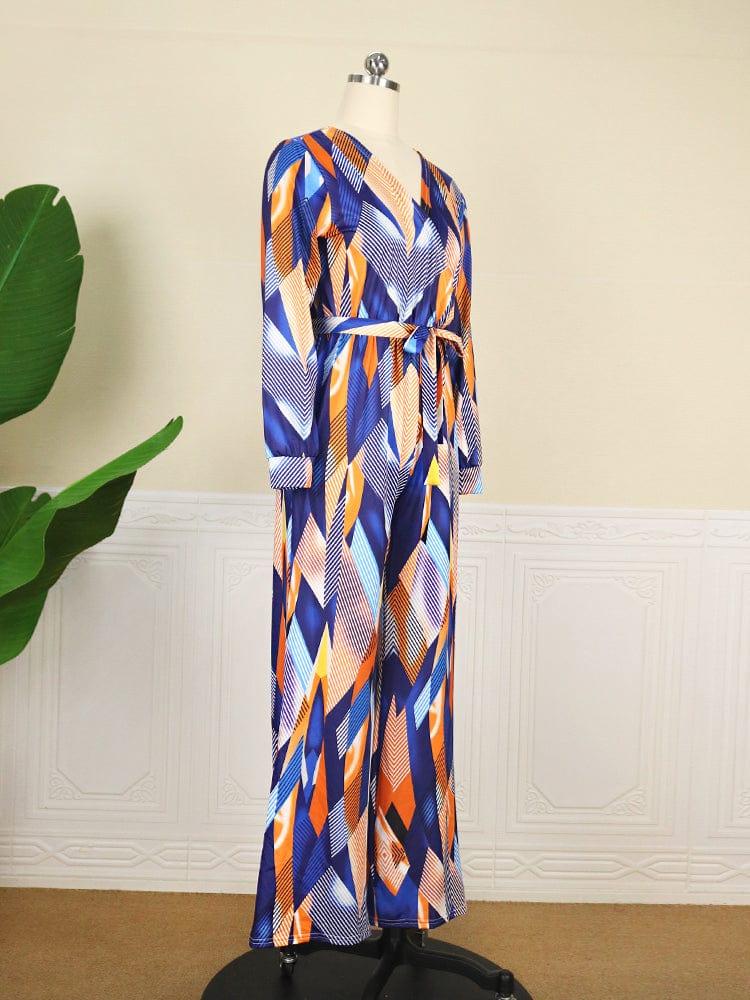 Fashion Autumn Elegant V Neck Loose Print Sashes Casual Women Jumpsuit