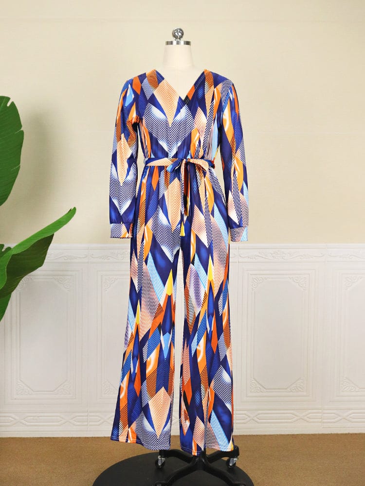 Fashion Autumn Elegant V Neck Loose Print Sashes Casual Women Jumpsuit