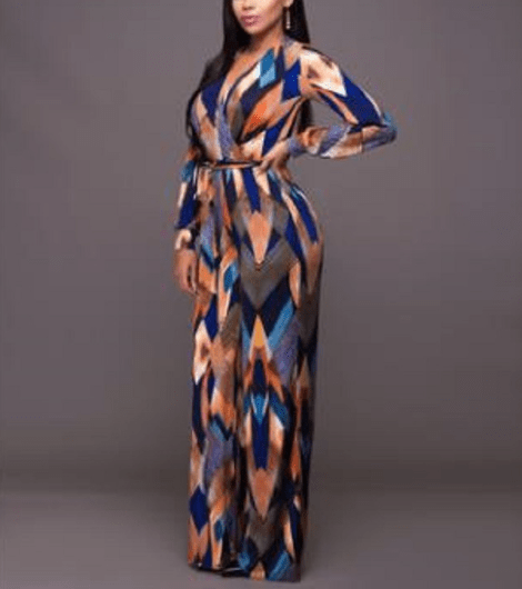 Fashion Autumn Elegant V Neck Loose Print Sashes Casual Women Jumpsuit