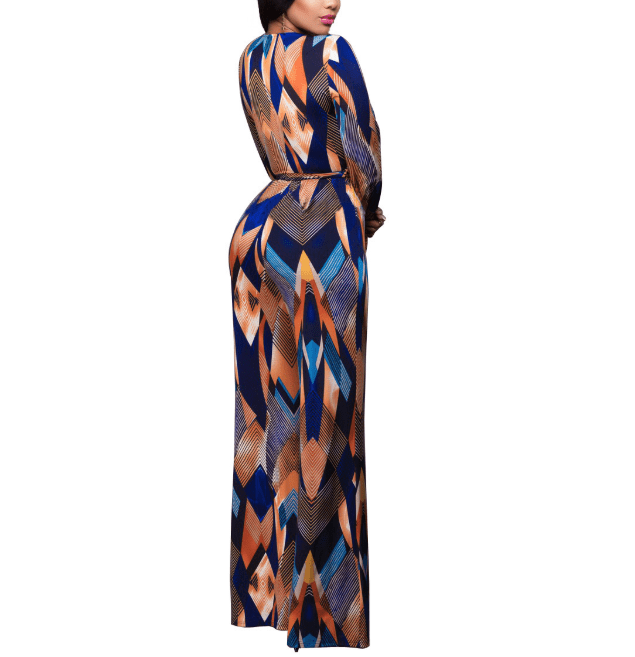Fashion Autumn Elegant V Neck Loose Print Sashes Casual Women Jumpsuit