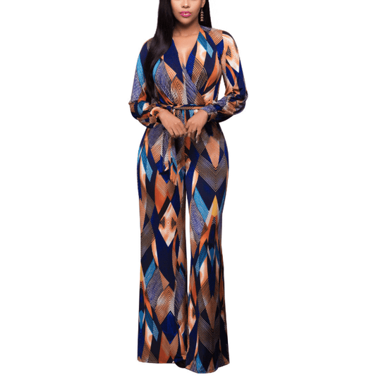 Fashion Autumn Elegant V Neck Loose Print Sashes Casual Women Jumpsuit
