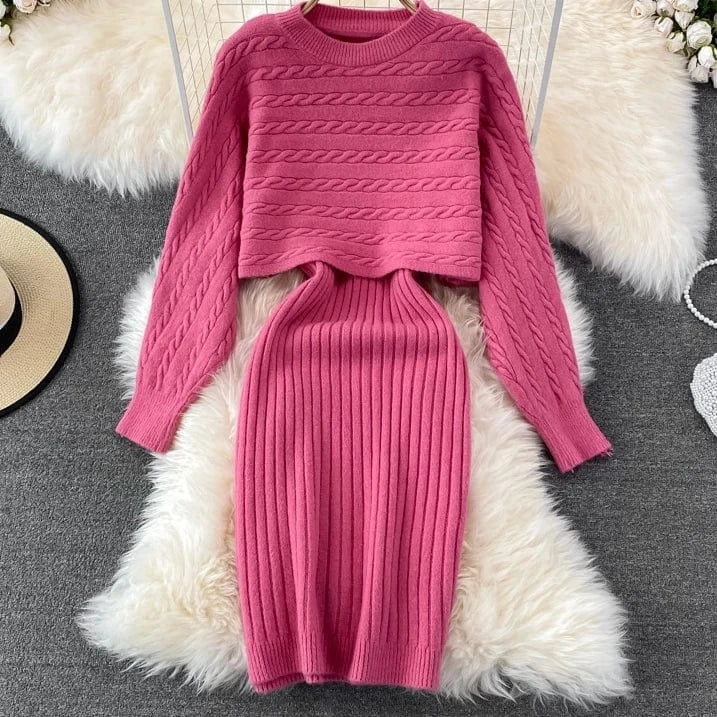Fashion Autumn Winter Korean Style Loose Top Knitted Two Piece Sweater Dress Sets For Women 2023