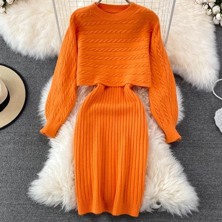 Fashion Autumn Winter Korean Style Loose Top Knitted Two Piece Sweater Dress Sets For Women 2023
