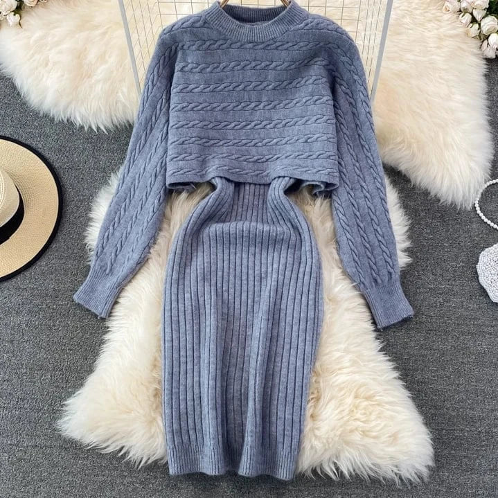 Fashion Autumn Winter Korean Style Loose Top Knitted Two Piece Sweater Dress Sets For Women 2023