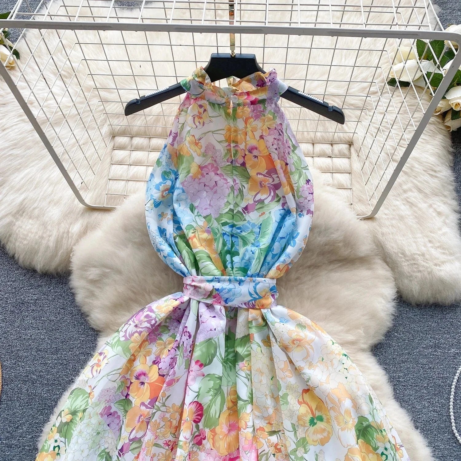 Fashion Beach Hanging Neck Women Slim Sleeveless Printed Tank Dresses Vacation Dresses