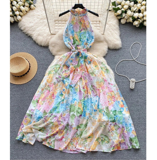 Fashion Beach Hanging Neck Women Slim Sleeveless Printed Tank Dresses Vacation Dresses