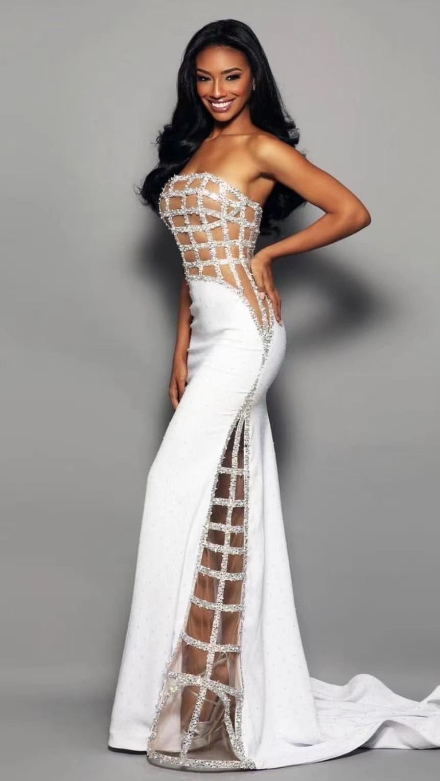 Fashion Beading Women Celebrity Nightclub Evening Long Bandage Bodycon Evening Dress