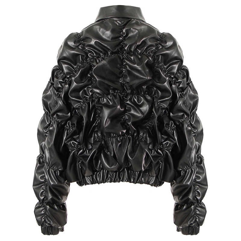 Fashion Black PU Ruched Coat womens bubble coat women jackets leather for women 2022 winter