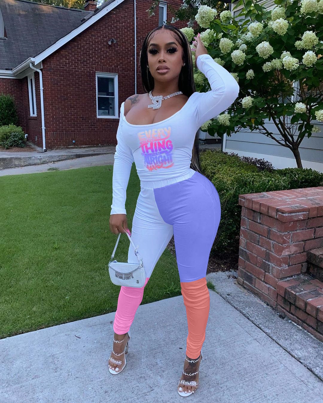 Fashion Blouse And Tight Pants, Two-piece Dress Set Of Positioning Printing Letters And Contrast Color two piece pants set for