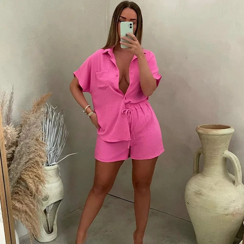 Fashion Casual Women's Suit Solid Color Classic Single-Breasted Short-Sleeved Shirt Elastic Waist Shorts Two-piece Set