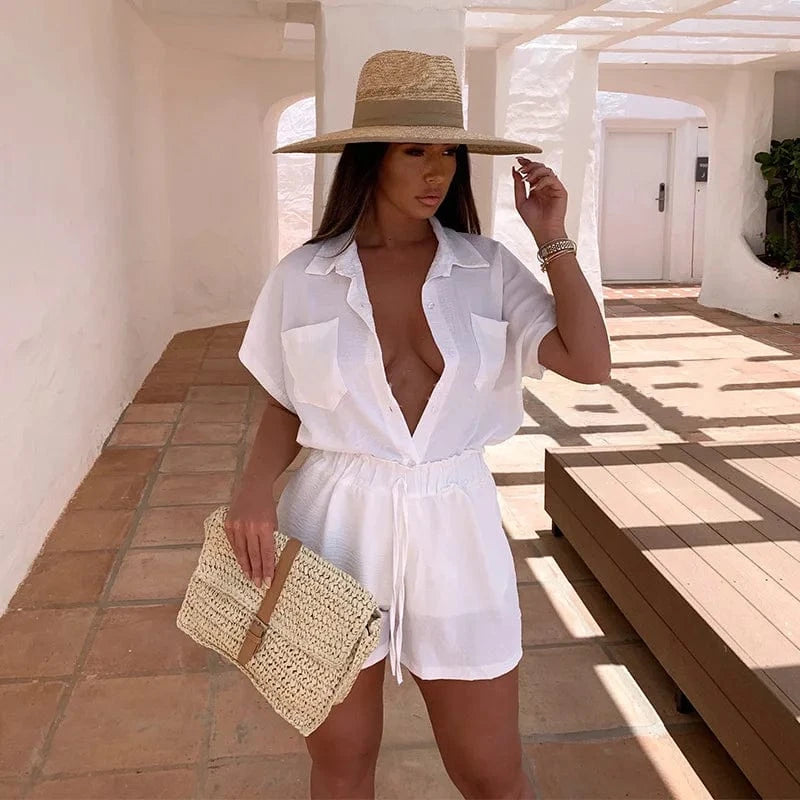 Fashion Casual Women's Suit Solid Color Classic Single-Breasted Short-Sleeved Shirt Elastic Waist Shorts Two-piece Set
