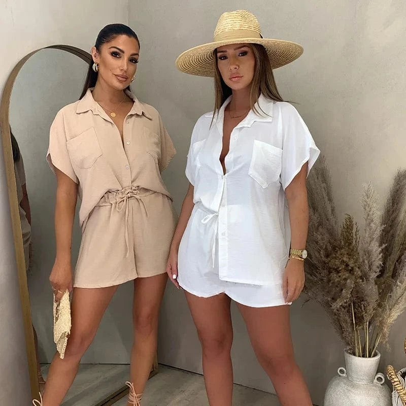 Fashion Casual Women's Suit Solid Color Classic Single-Breasted Short-Sleeved Shirt Elastic Waist Shorts Two-piece Set