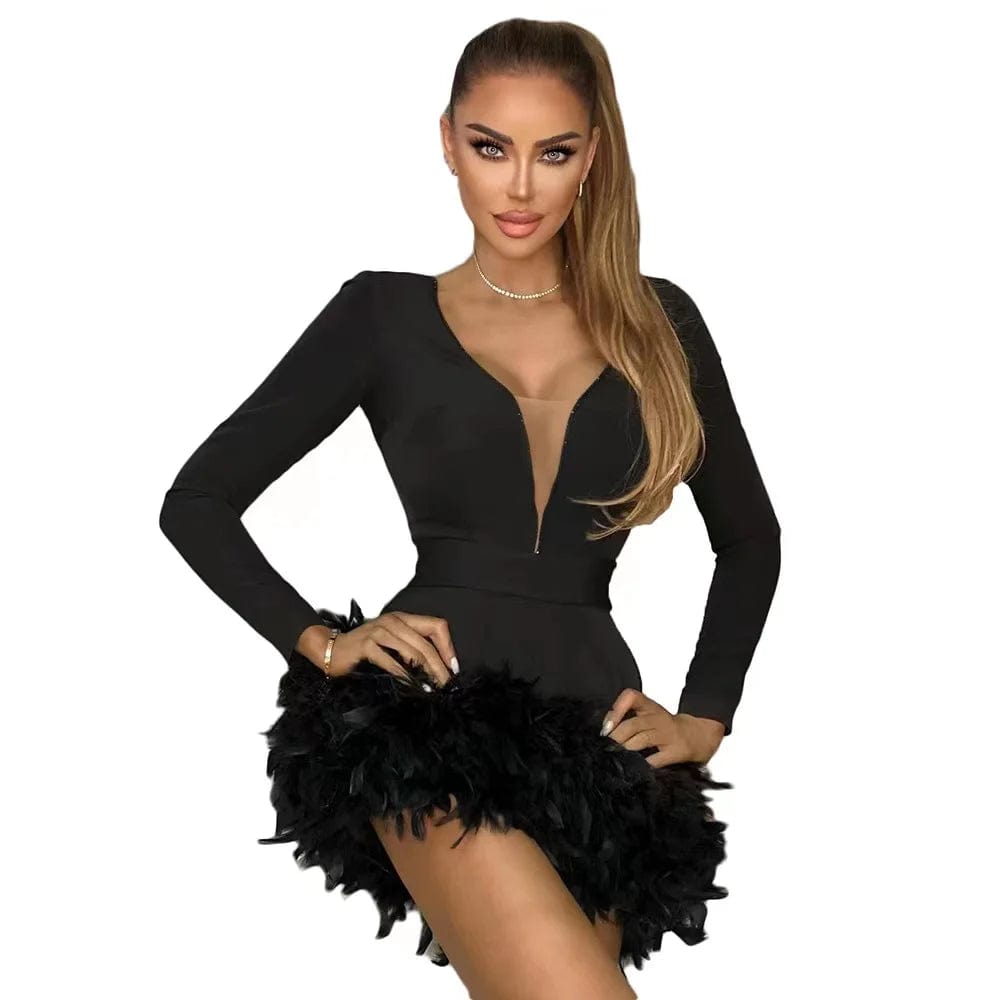 Fashion Cheap Women's Celebrity Evening Club Feathers Unique Designer Women Party Dress