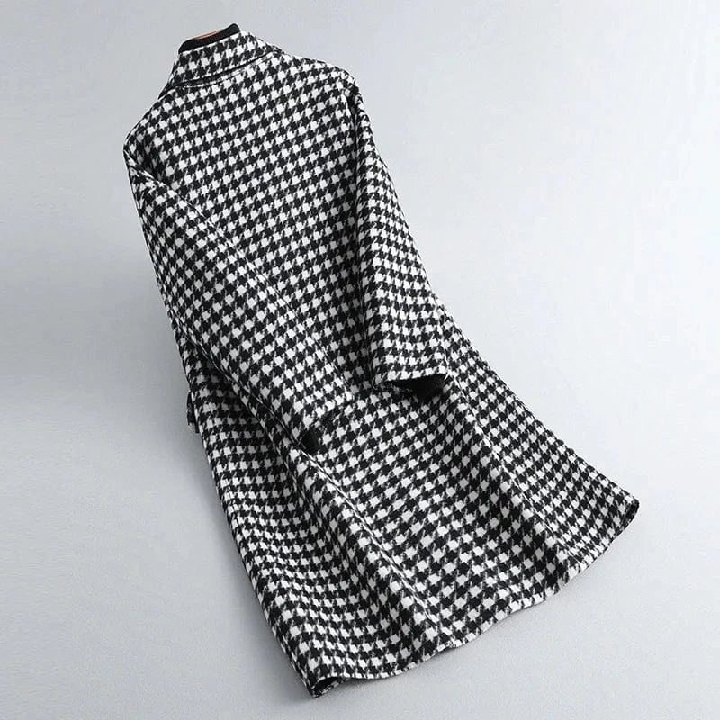Fashion Classic Houndstooth Cashmere Coat Buckle Latch Long Woolen Coat For Women