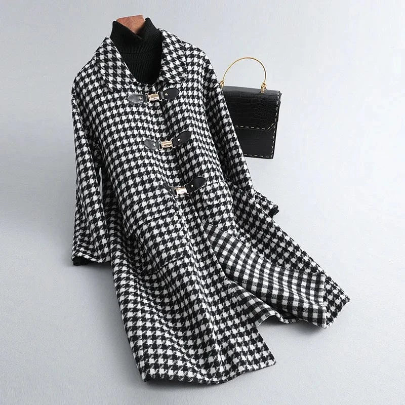 Fashion Classic Houndstooth Cashmere Coat Buckle Latch Long Woolen Coat For Women