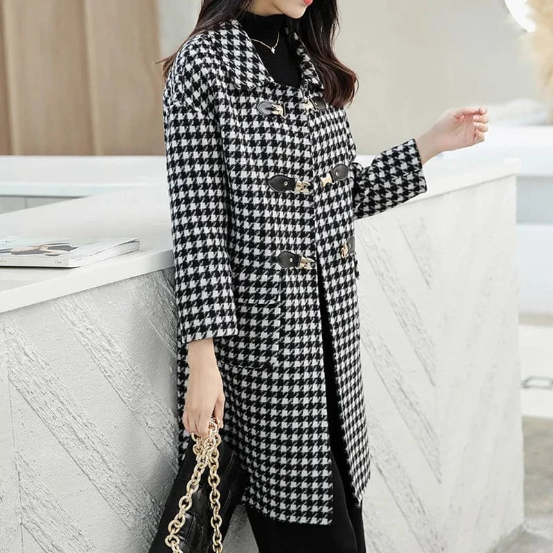 Fashion Classic Houndstooth Cashmere Coat Buckle Latch Long Woolen Coat For Women