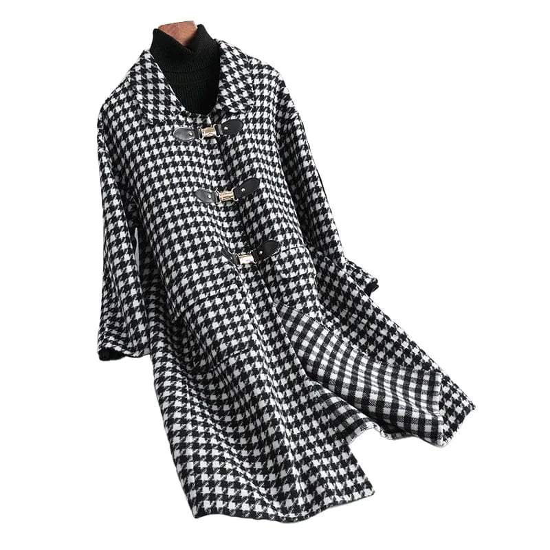 Fashion Classic Houndstooth Cashmere Coat Buckle Latch Long Woolen Coat For Women