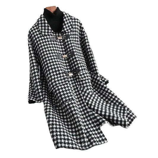 Fashion Classic Houndstooth Cashmere Coat Buckle Latch Long Woolen Coat For Women