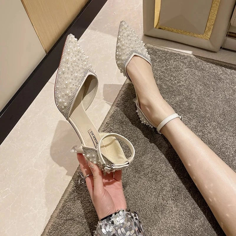 Fashion close toe sandals spring and summer new women's shoes one-line buckle strap pearl rhinestone high heel single shoe
