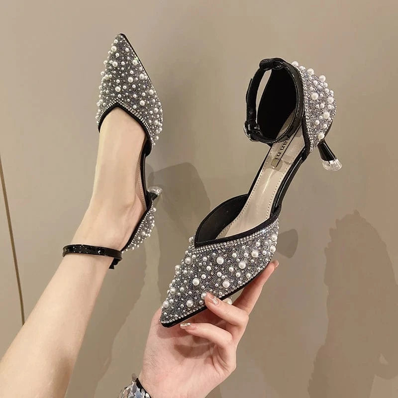 Fashion close toe sandals spring and summer new women's shoes one-line buckle strap pearl rhinestone high heel single shoe