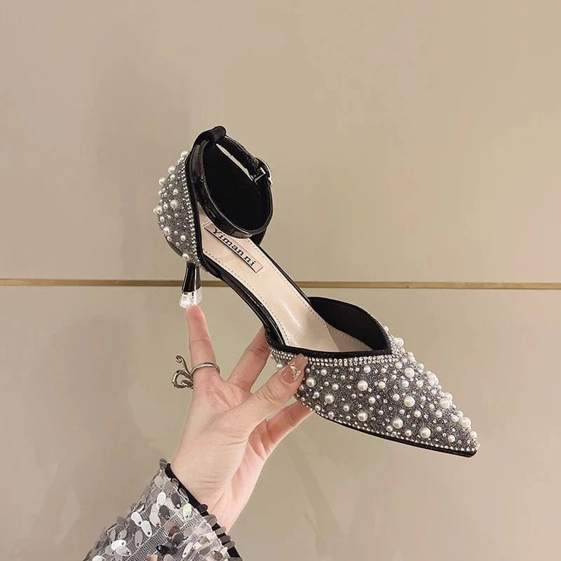 Fashion close toe sandals spring and summer new women's shoes one-line buckle strap pearl rhinestone high heel single shoe