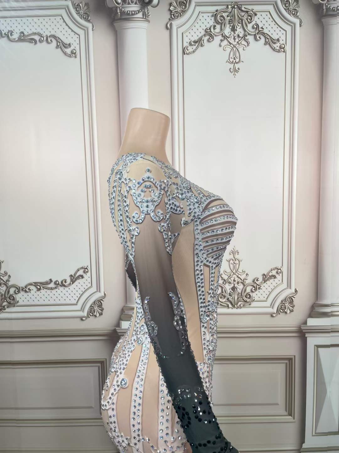 Fashion Clothes Bodycon Long Sleeve Prom Dresses 2022 Evening Gowns Sexy Rhinestone Printed Mesh See Through Secy Dress Party