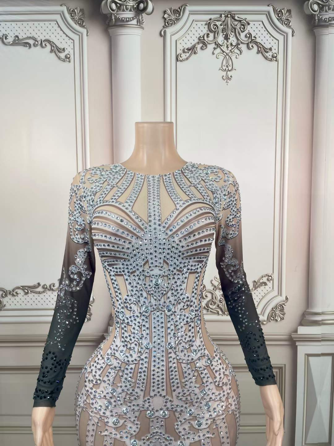 Fashion Clothes Bodycon Long Sleeve Prom Dresses 2022 Evening Gowns Sexy Rhinestone Printed Mesh See Through Secy Dress Party