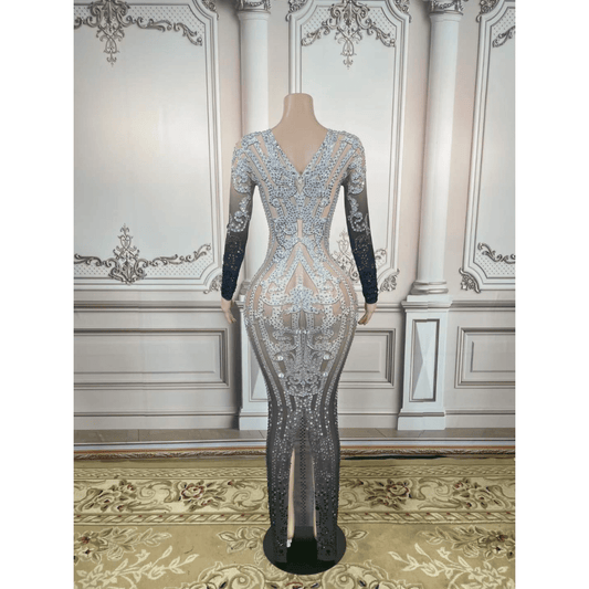 Fashion Clothes Bodycon Long Sleeve Prom Dresses 2022 Evening Gowns Sexy Rhinestone Printed Mesh See Through Secy Dress Party