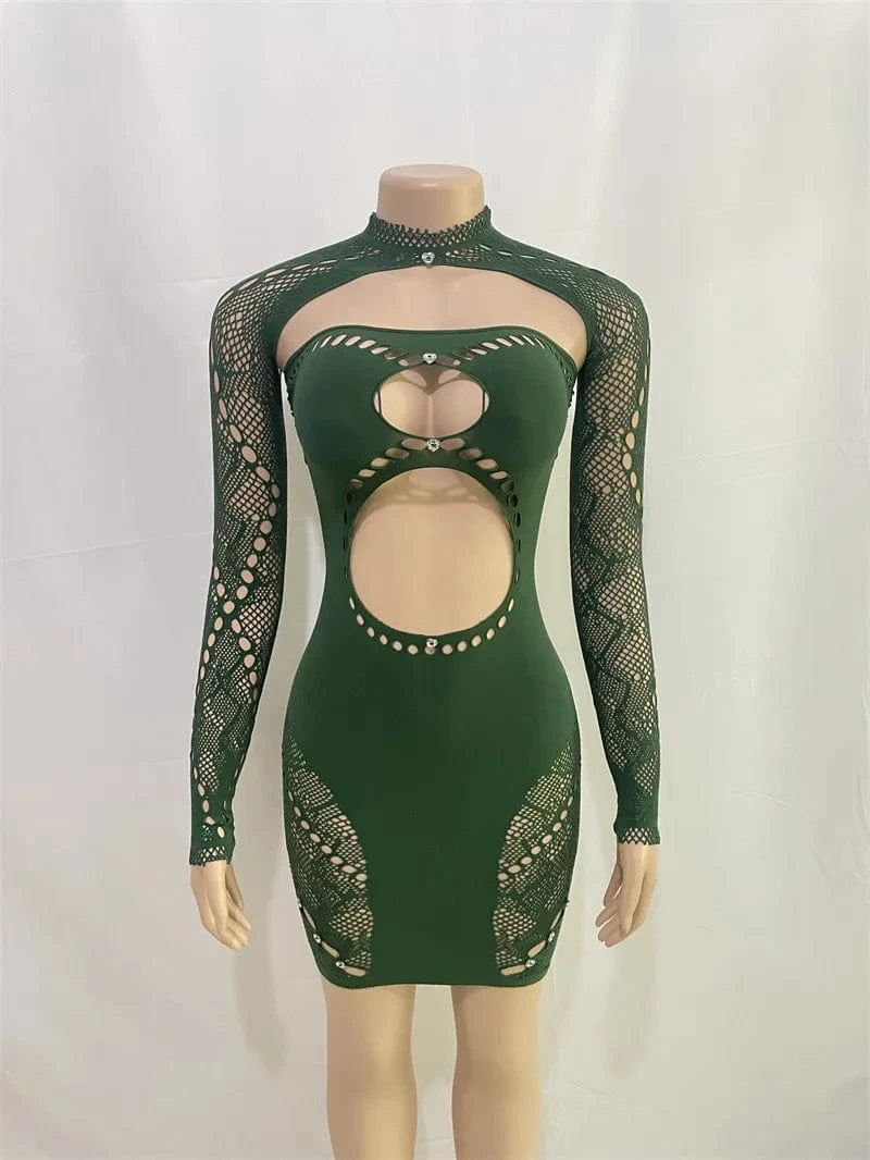 Fashion Club Diamond Long Sleeve Mesh Mini Dresses Stretchy Hollow Out Bodycon Fit Sexy Dress