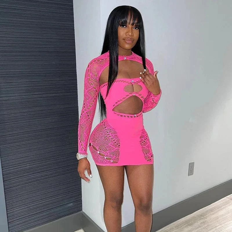 Fashion Club Diamond Long Sleeve Mesh Mini Dresses Stretchy Hollow Out Bodycon Fit Sexy Dress