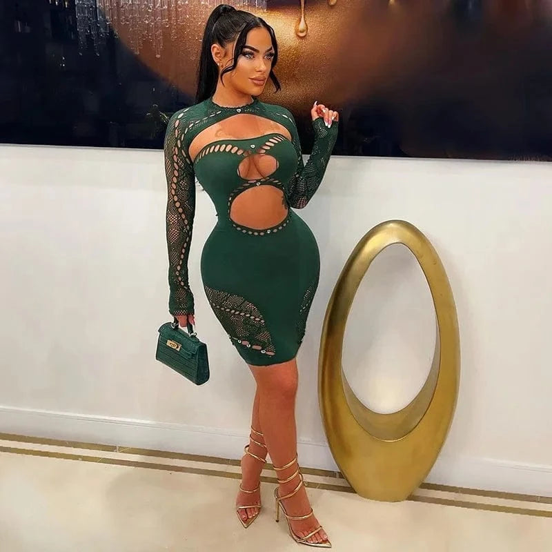 Fashion Club Diamond Long Sleeve Mesh Mini Dresses Stretchy Hollow Out Bodycon Fit Sexy Dress