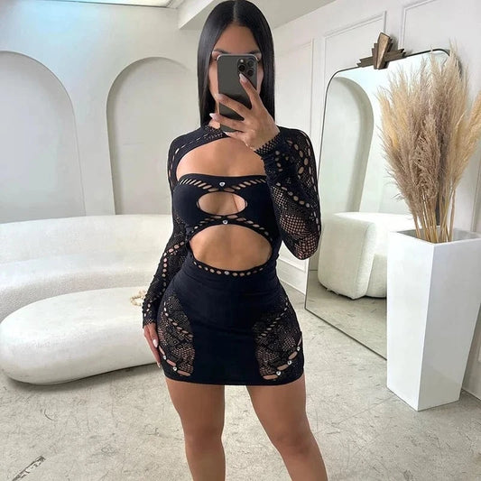 Fashion Club Diamond Long Sleeve Mesh Mini Dresses Stretchy Hollow Out Bodycon Fit Sexy Dress
