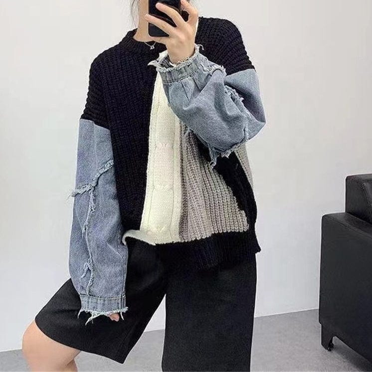 Fashion color block patchwork denim sleeve ladies crew neck sweater shirt fall knit pullover women's sweater mujer 2022
