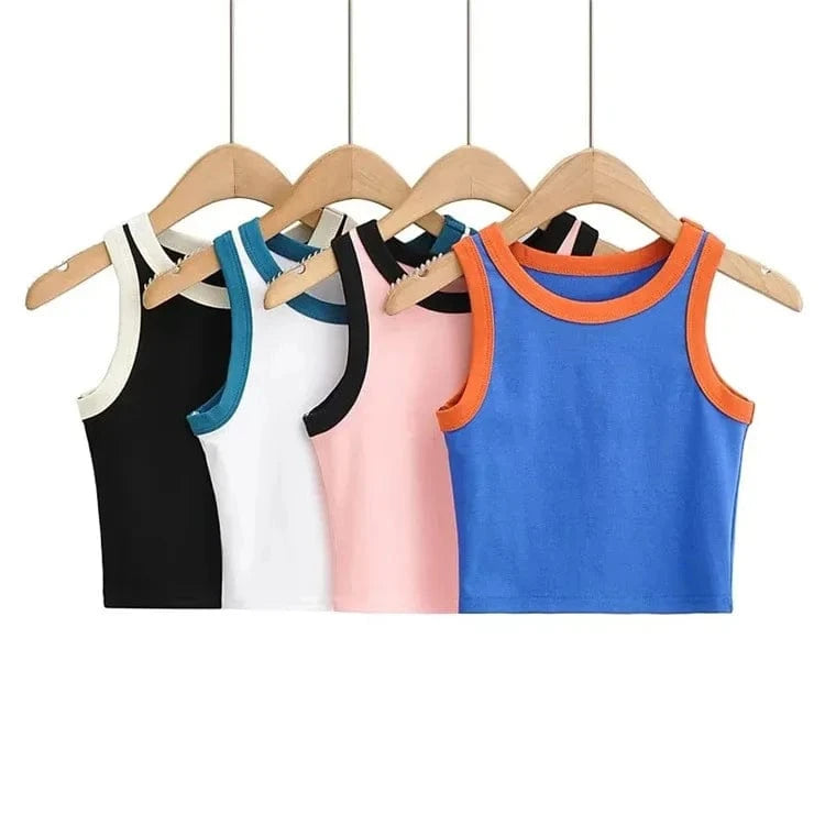 Fashion Contrast Color 4 Color Wide Strap Crew Neck Sleeveless Pullover Cute Crop Top for Women