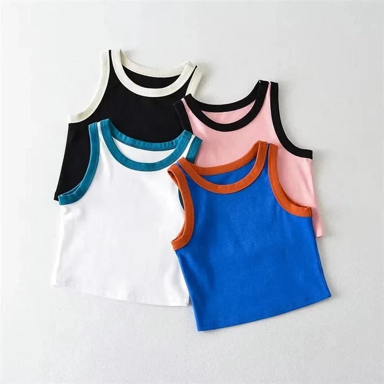 Fashion Contrast Color 4 Color Wide Strap Crew Neck Sleeveless Pullover Cute Crop Top for Women