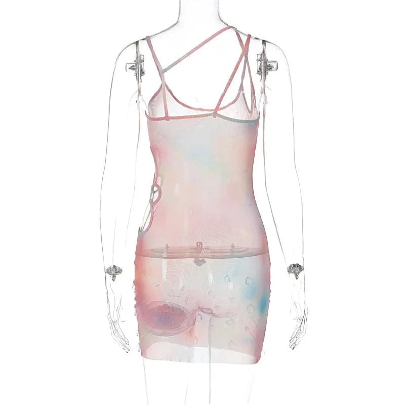Fashion Crystal Sleeveless Transparent See Through Mesh Jewel Dress Hollow Out Bodycon Mini Sexy Club Dress