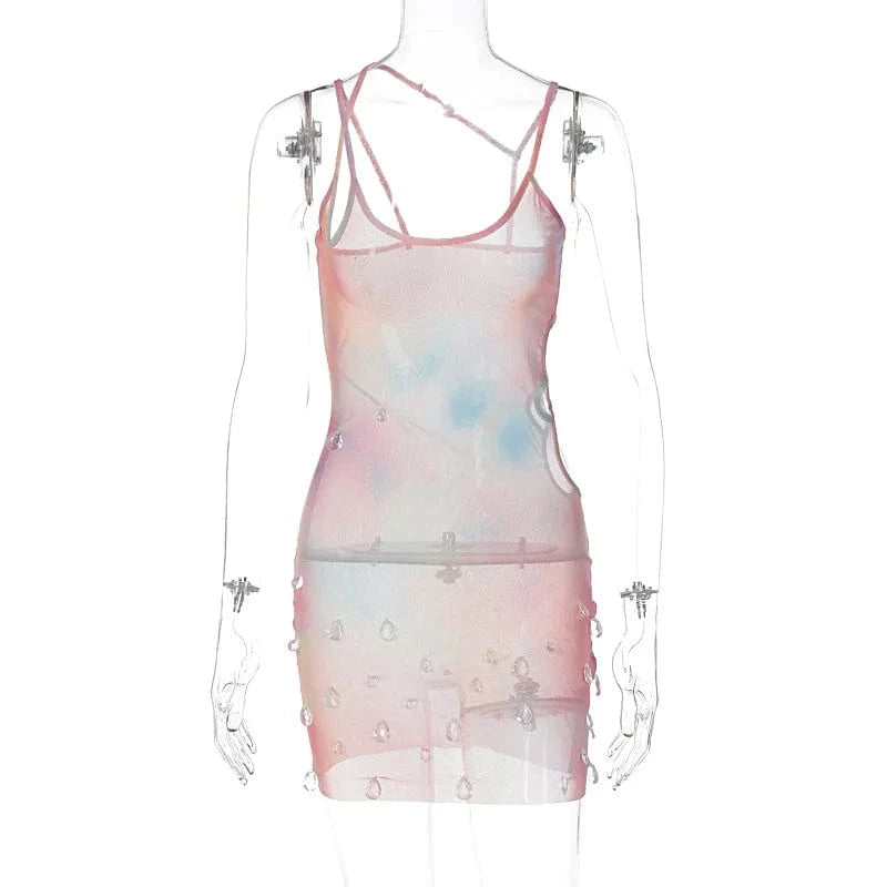 Fashion Crystal Sleeveless Transparent See Through Mesh Jewel Dress Hollow Out Bodycon Mini Sexy Club Dress