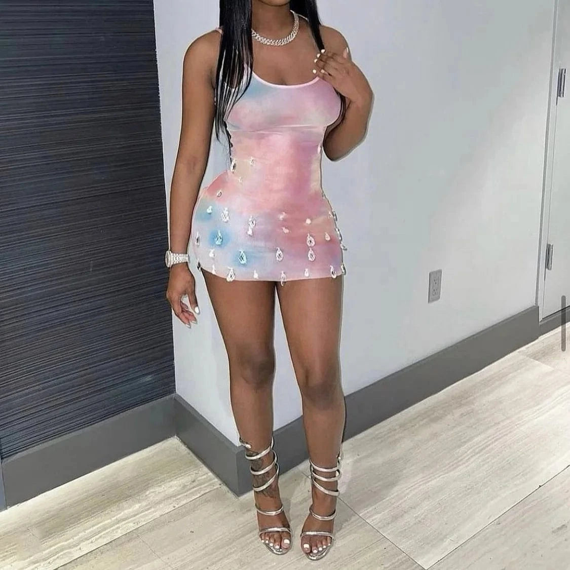 Fashion Crystal Sleeveless Transparent See Through Mesh Jewel Dress Hollow Out Bodycon Mini Sexy Club Dress