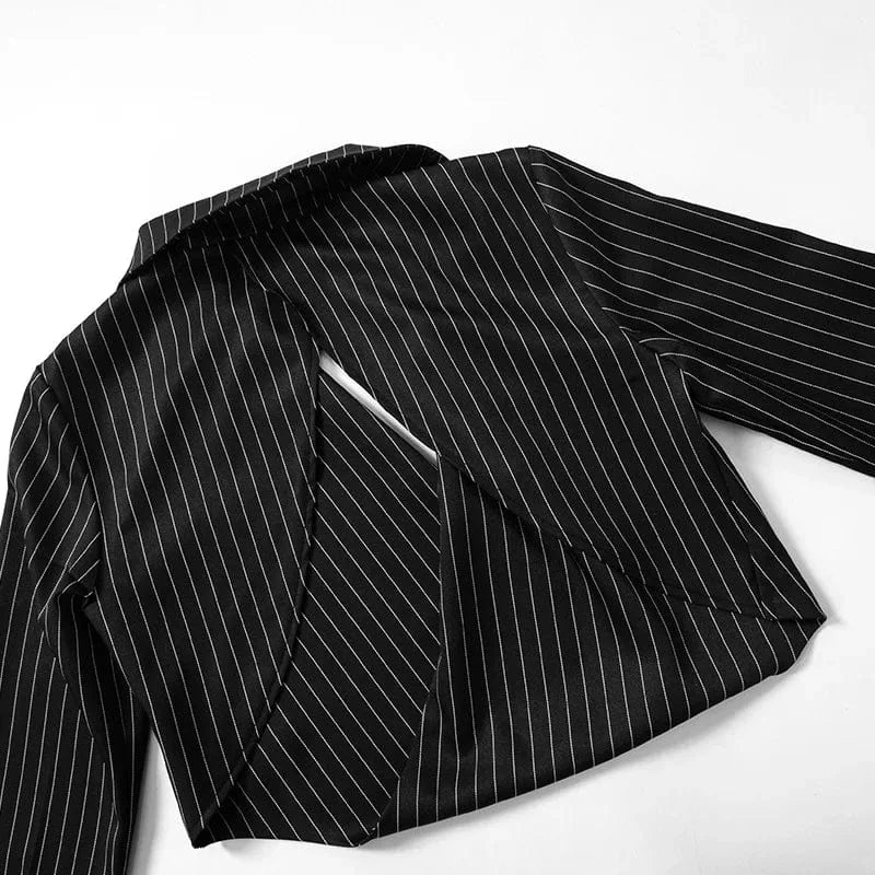 Fashion deep V neck sexy long sleeve casual cropped shirt top ladies striped black woman blazer