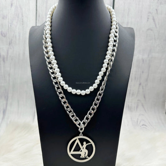 Fashion Delta DST Vintage Pearl Layer Stainless Steel Chain Necklace Fortitude Hollow Round Triangle Necklace Women Jewelry